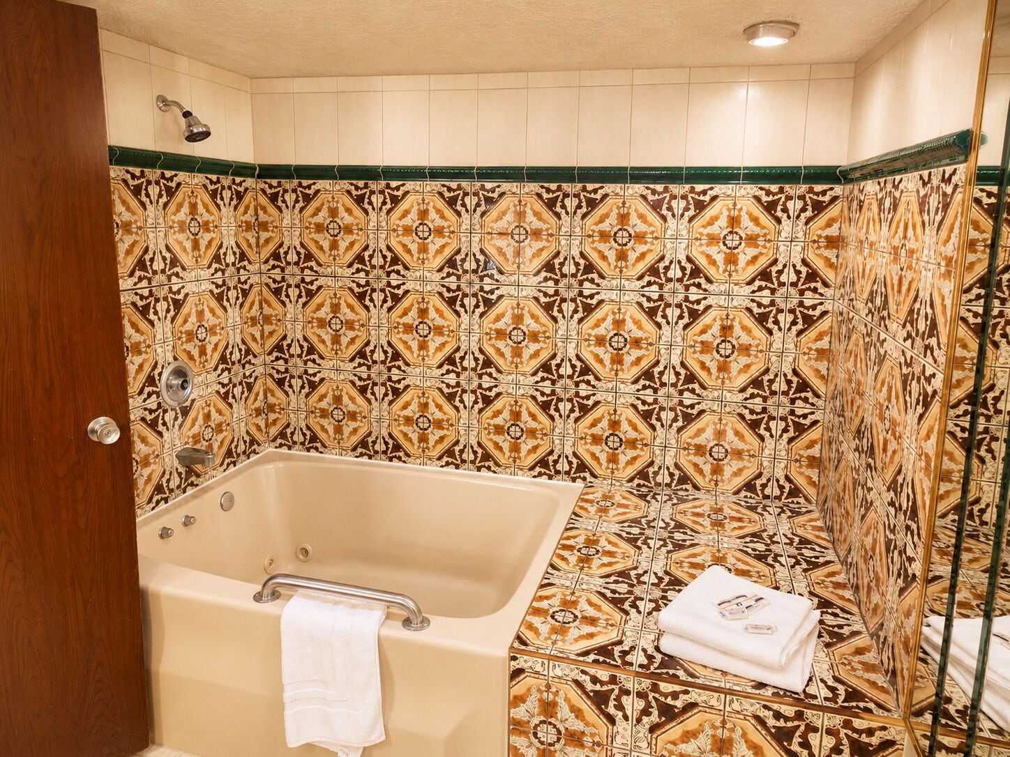 Une salle de bain avec une baignoire, une douche et des carreaux décorés.