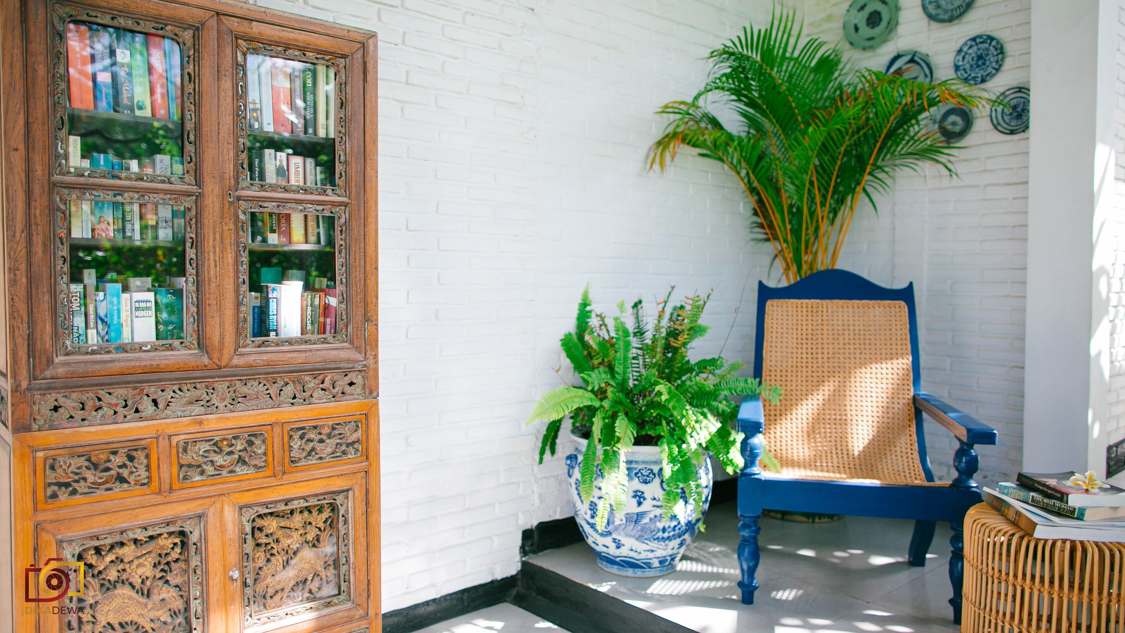 A room with a wooden bookcase filled with books, a wicker chair, a large potted plant, and a blue and white ceramic vase.