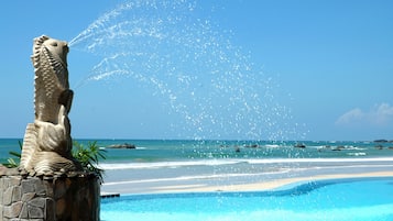 Outdoor pool, pool umbrellas, pool loungers