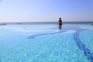 Outdoor pool, pool umbrellas, pool loungers