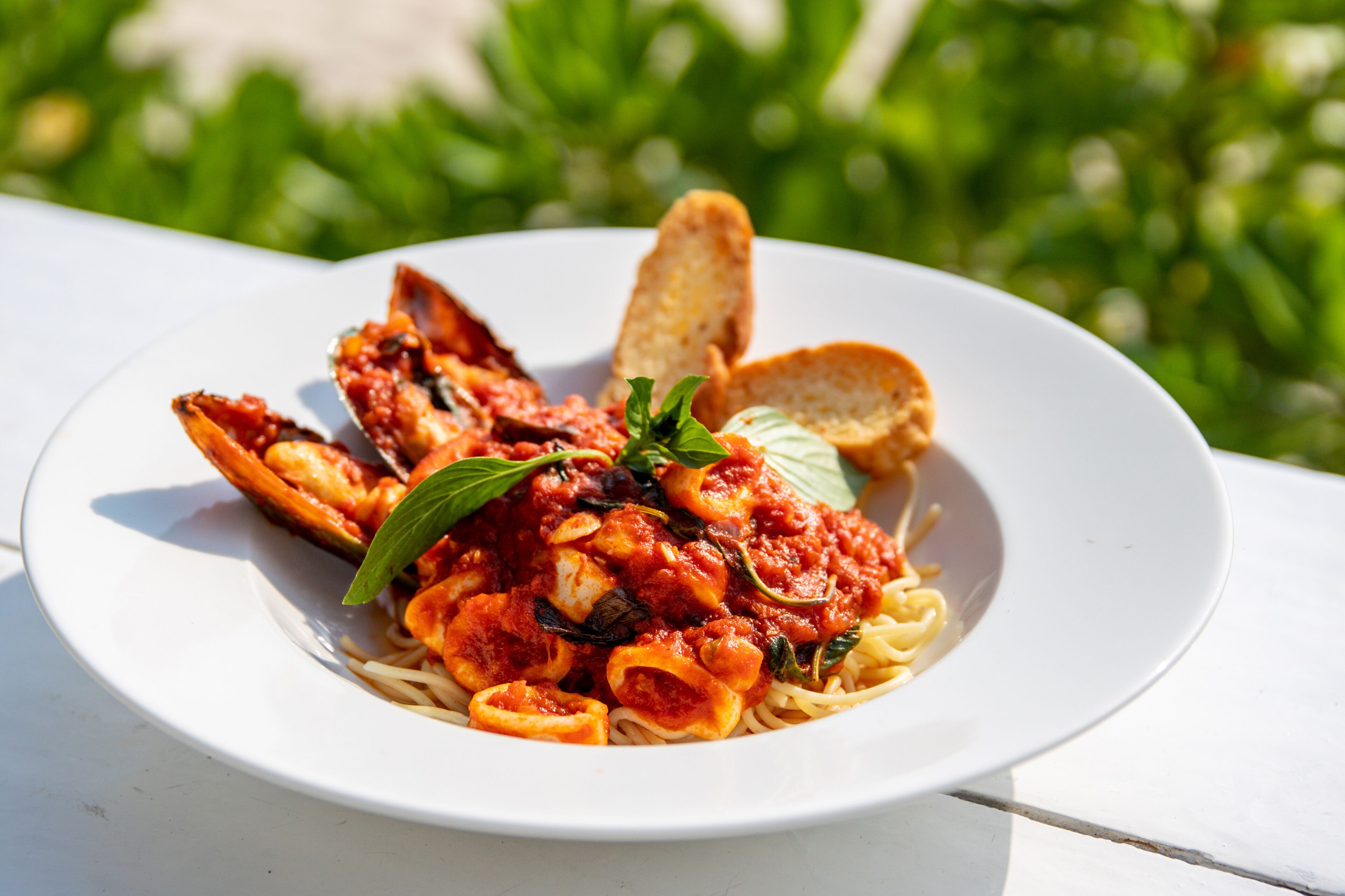 Eine Spaghetti-Portion mit Tomatensauce, garniert mit Basilikum, und ein Stück Brot auf einem weißen Teller.