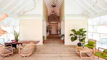 Una habitación amplia con suelo de madera, una mesa central y sillas. Hay plantas en macetas a lo largo de las paredes y un ventanal que proporciona luz natural.
