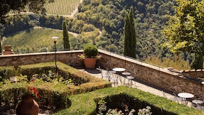 A terraced vineyard with stone walls and a stone pathway leading to a seating area with metal chairs and tables. - Castello Vicchiomaggio (Greve in Chianti)