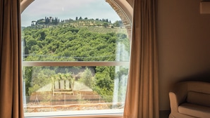 A bedroom with a large arched window, a bed, a hanging light fixture, and a view of a green landscape. - Castello Vicchiomaggio (Greve in Chianti)