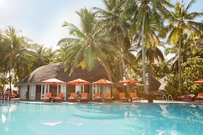 Outdoor pool, pool umbrellas, pool loungers