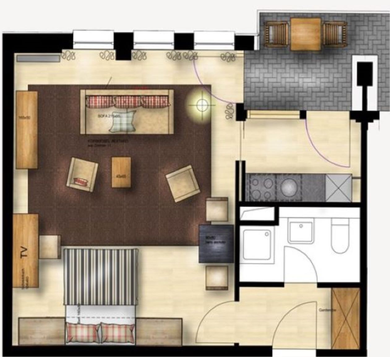 Un plan d’aménagement de chambre d’hôtel comprenant un lit, un coin salon, une kitchenette et une salle de bain.