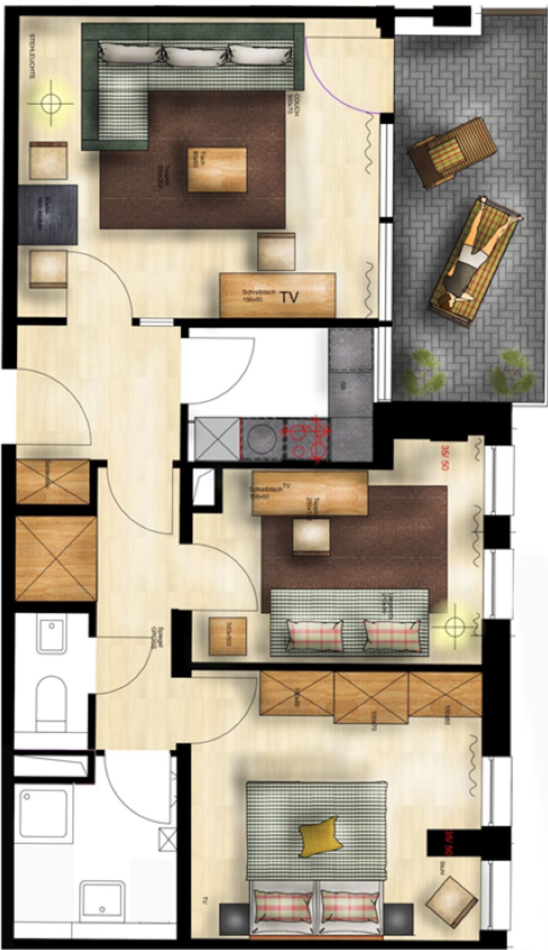 A hotel layout with a living area, dining space, and a bedroom.