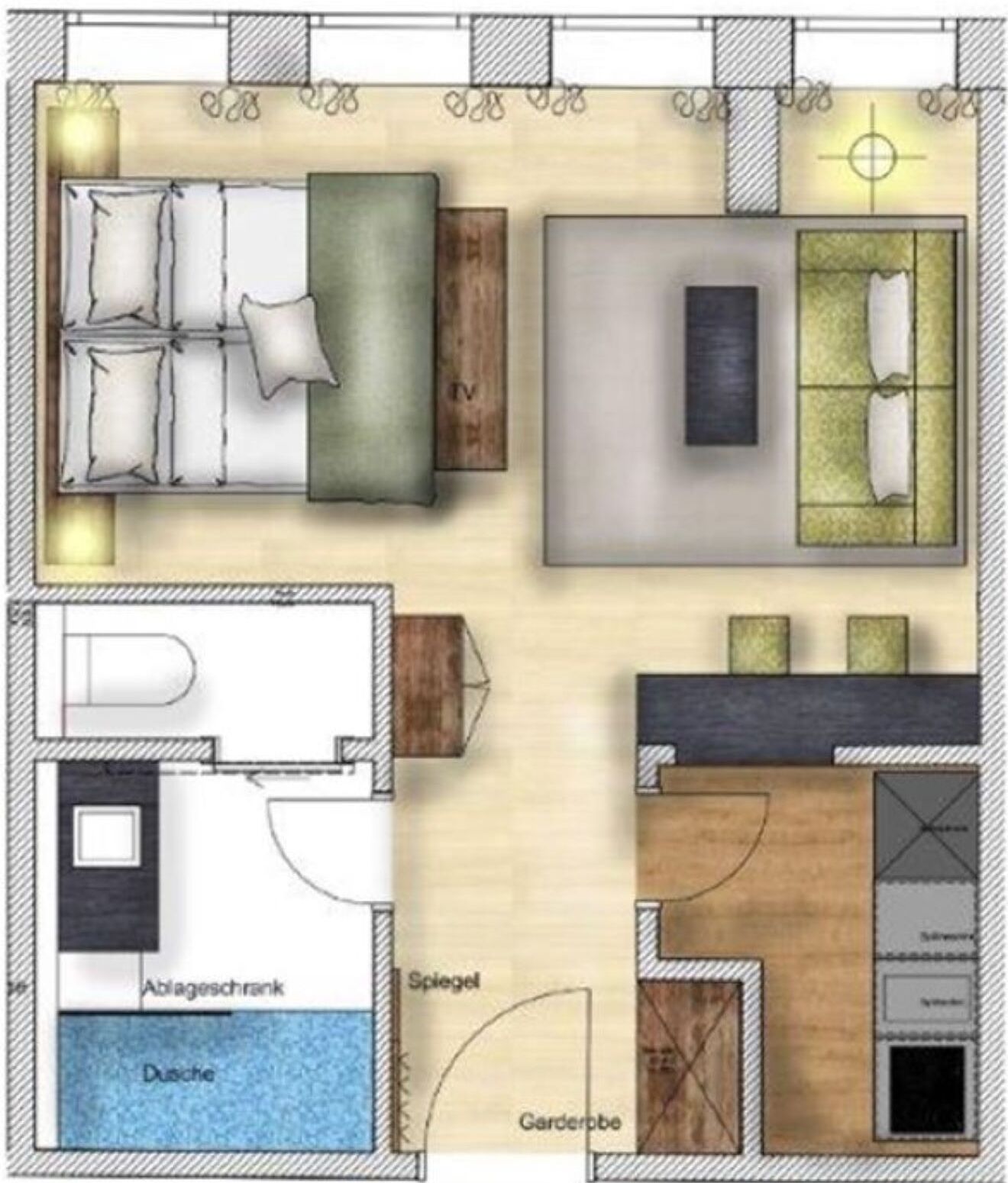 A floor plan of a hotel room with a bed, a desk, a bathroom, and a small garden area.