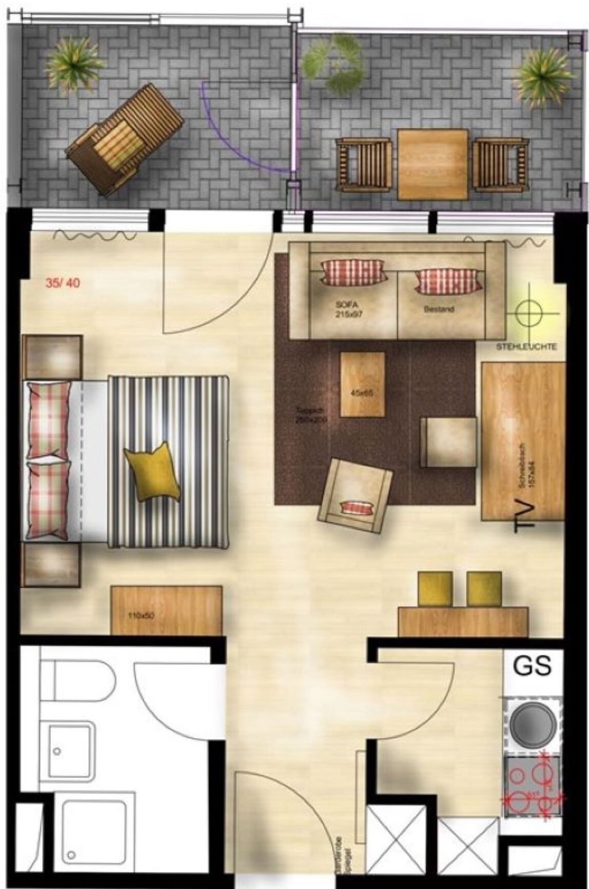 Distribución de una habitación de hotel con cama, sofá, televisor y una pequeña kitchenette.