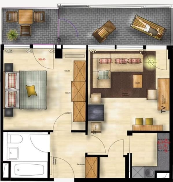 Distribución de una habitación de hotel con sala de estar, dormitorio independiente, baño y kitchenette.
