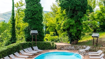 Seasonal outdoor pool, open 10:30 AM to 6:30 PM, pool umbrellas