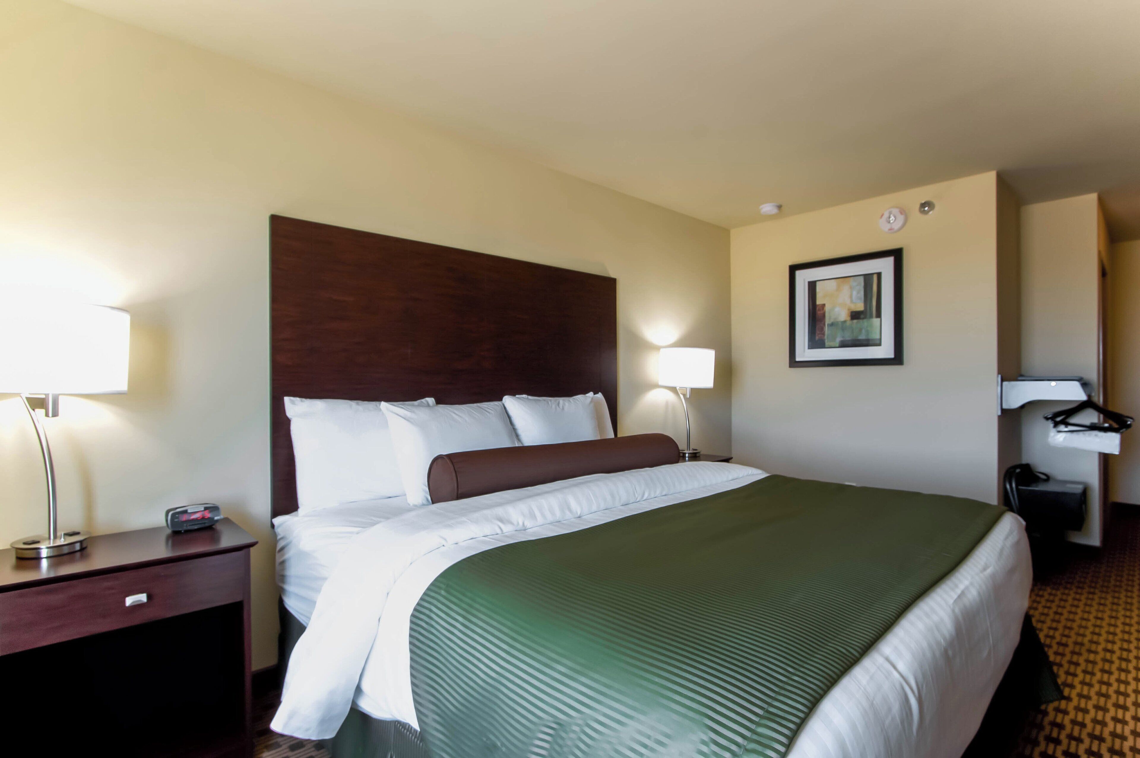 Quarto de hotel com uma cama grande, duas luminárias de cabeceira, uma mesinha de cabeceira, uma escrivaninha com luminária, um quadro na parede e um cabideiro.