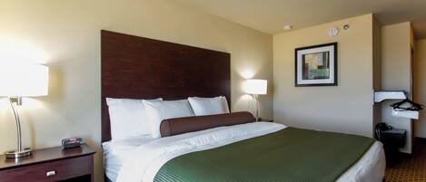 Quarto de hotel com uma cama grande, duas luminárias de cabeceira, uma mesinha de cabeceira, uma escrivaninha com luminária, um quadro na parede e um cabideiro.