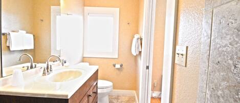 Un baño con lavamanos, espejo, inodoro y ducha.