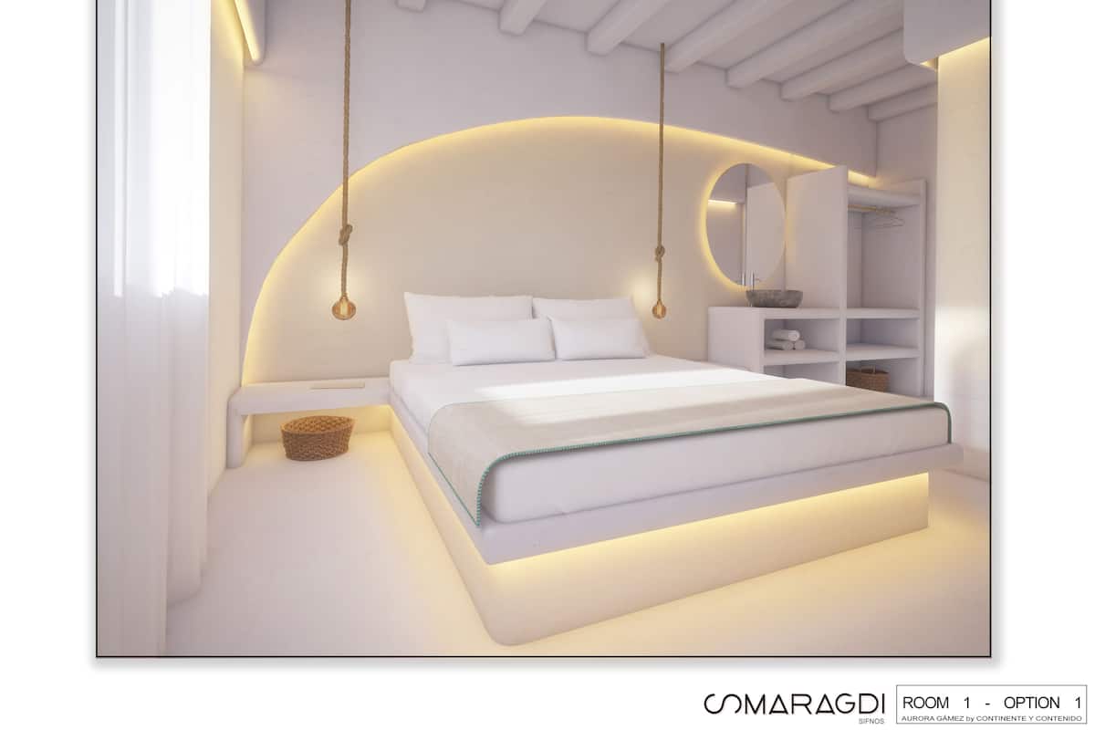 A modern bedroom with a bed, bedside tables, a hanging light fixture, and a built-in shelf.