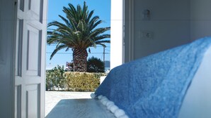 A view through an open door with a palm tree and a hedge in the background.