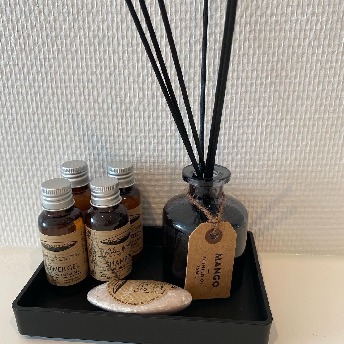 A tray with various bottles of essential oils and a diffuser.