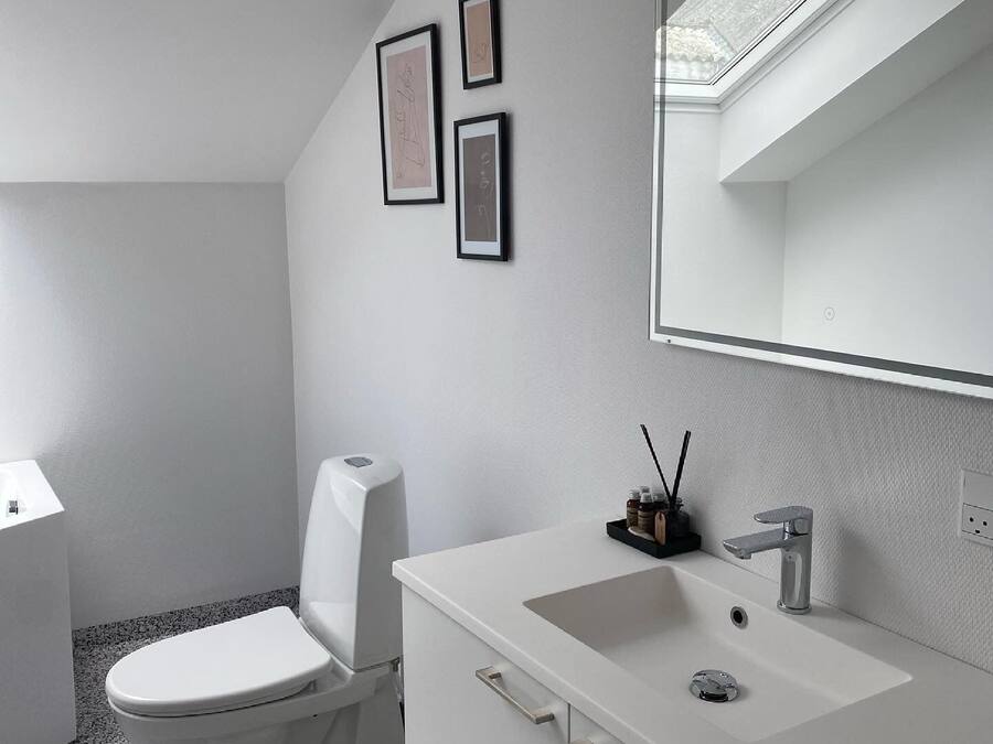 A modern bathroom with a toilet, sink, and mirror. There are framed pictures on the wall and a skylight above the mirror.