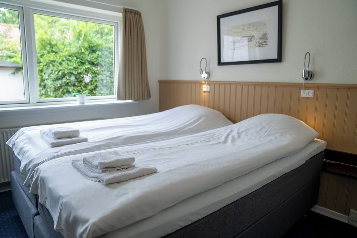 Habitación de hotel con dos camas, ropa de cama blanca, un cuadro en la pared y una ventana con vistas a zonas verdes.