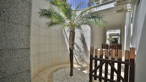 Een palmboom in een ronde plantenbak met witte kiezelstenen, omgeven door een houten omheining.