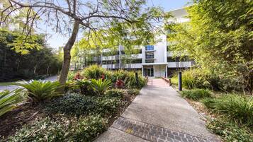 A pathway leading to a modern building with a glass facade, surrounded by lush greenery and a variety of plants.
