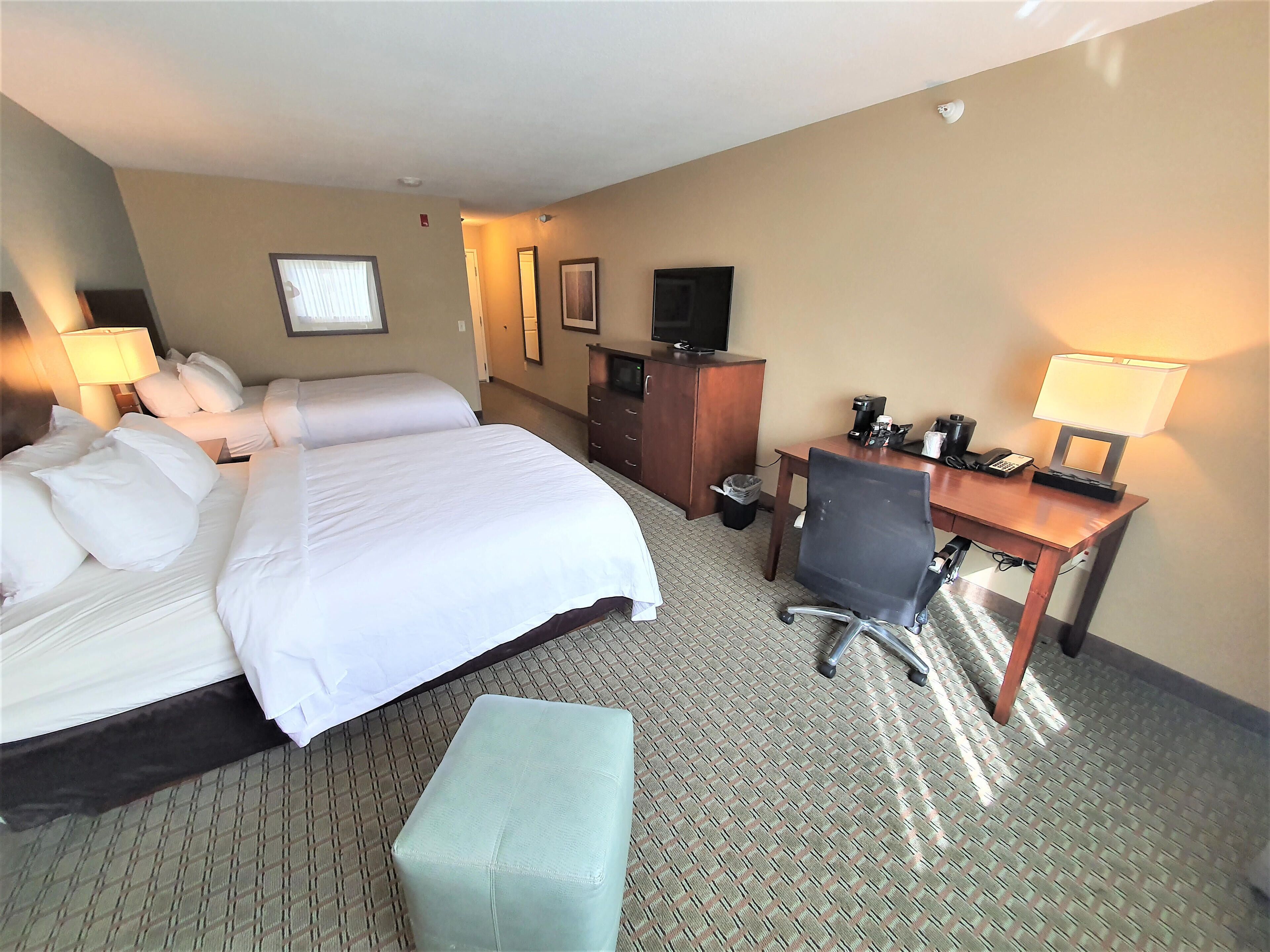 A hotel room with a large bed, a desk with a chair, a television, and a trash can.