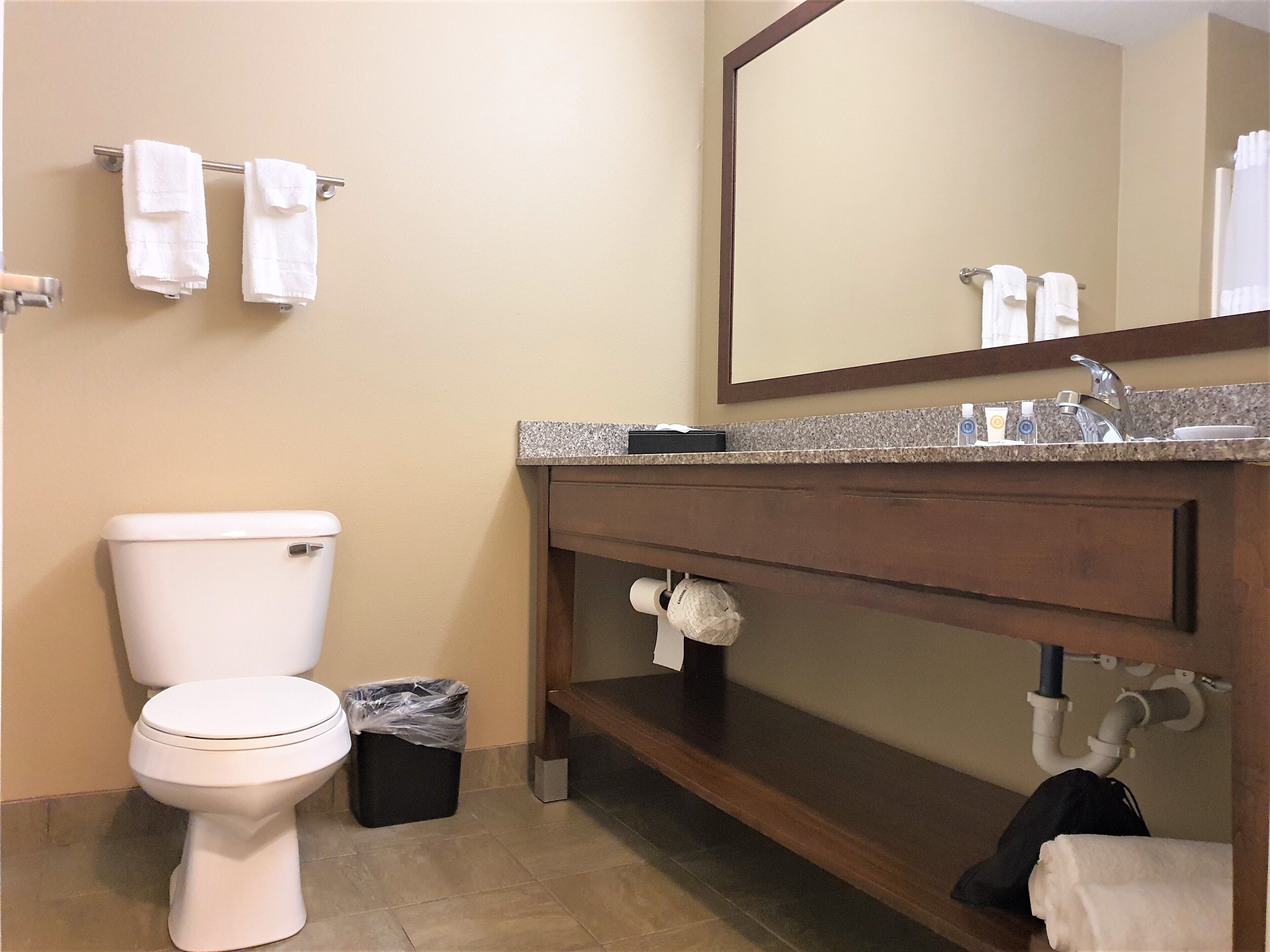 Un baño con inodoro, un cubo de basura, un lavabo con espejo y dos toallas colgadas en un tendedero.
