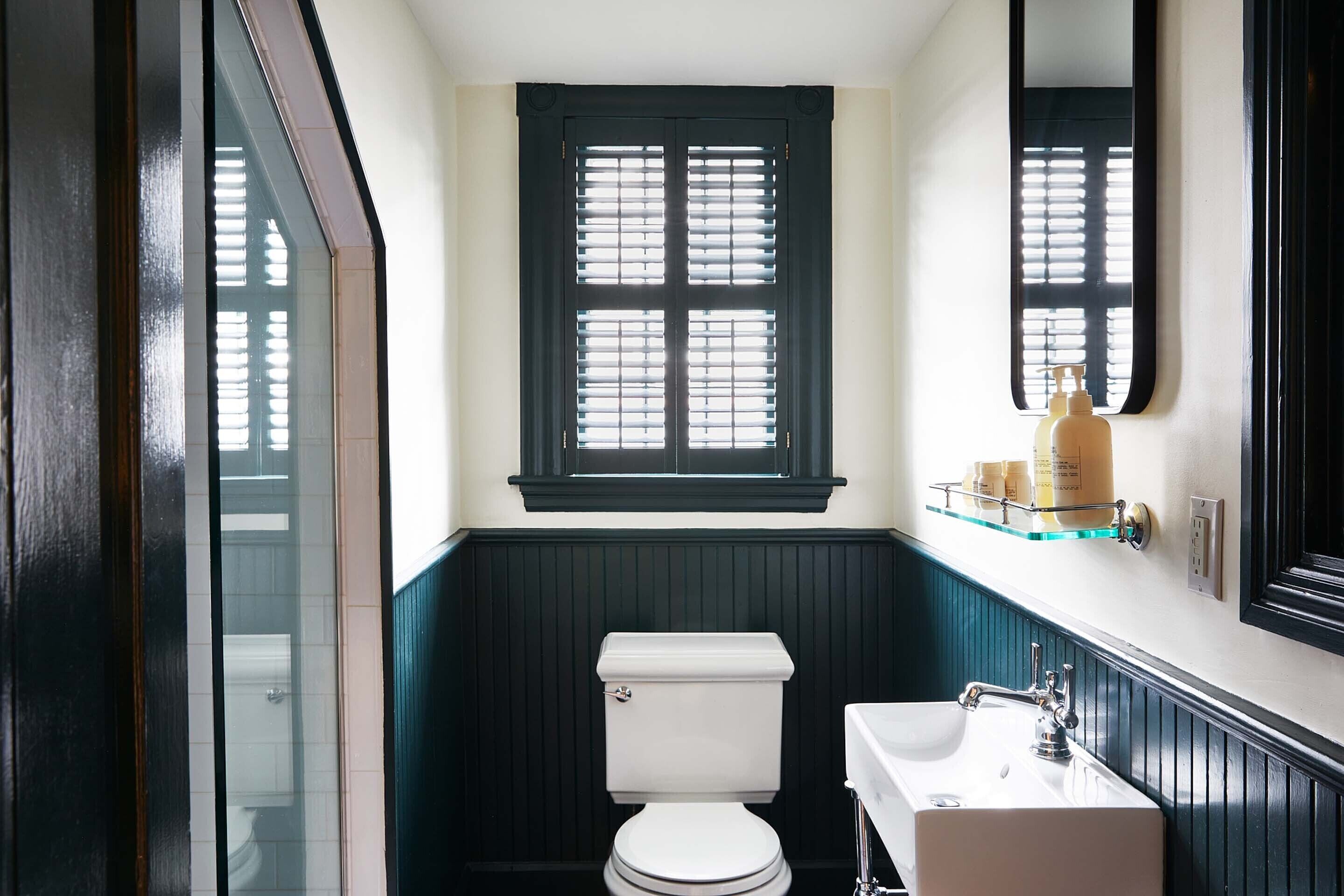 rainfall showerhead, designer toiletries, hair dryer, towels