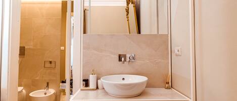 A modern bathroom with a large white sink, a bidet, and a mirror above the sink.