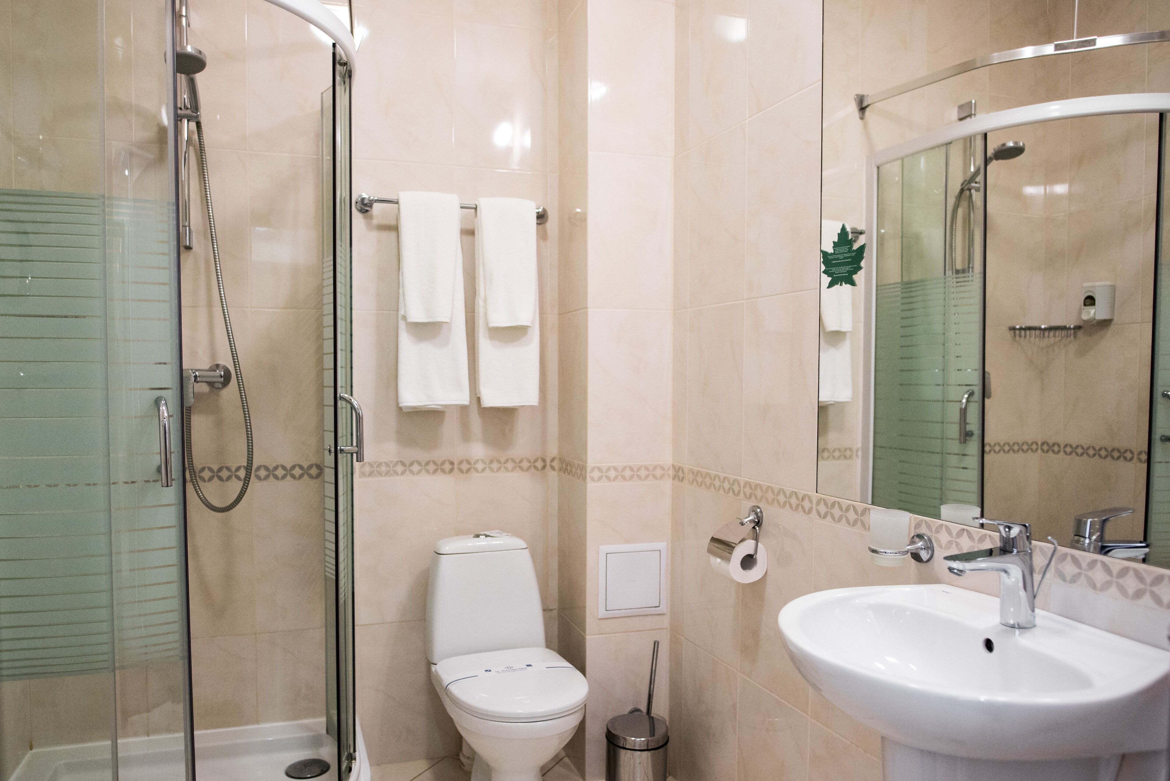 A modern bathroom with a glass-enclosed shower, a toilet, and a sink with a mirror.