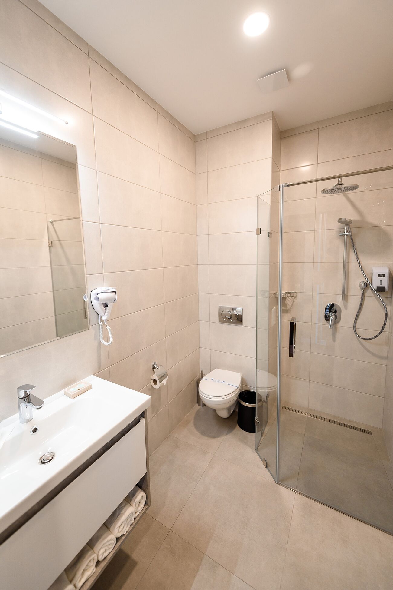 A modern bathroom with a glass-enclosed shower, a white sink, and a toilet.