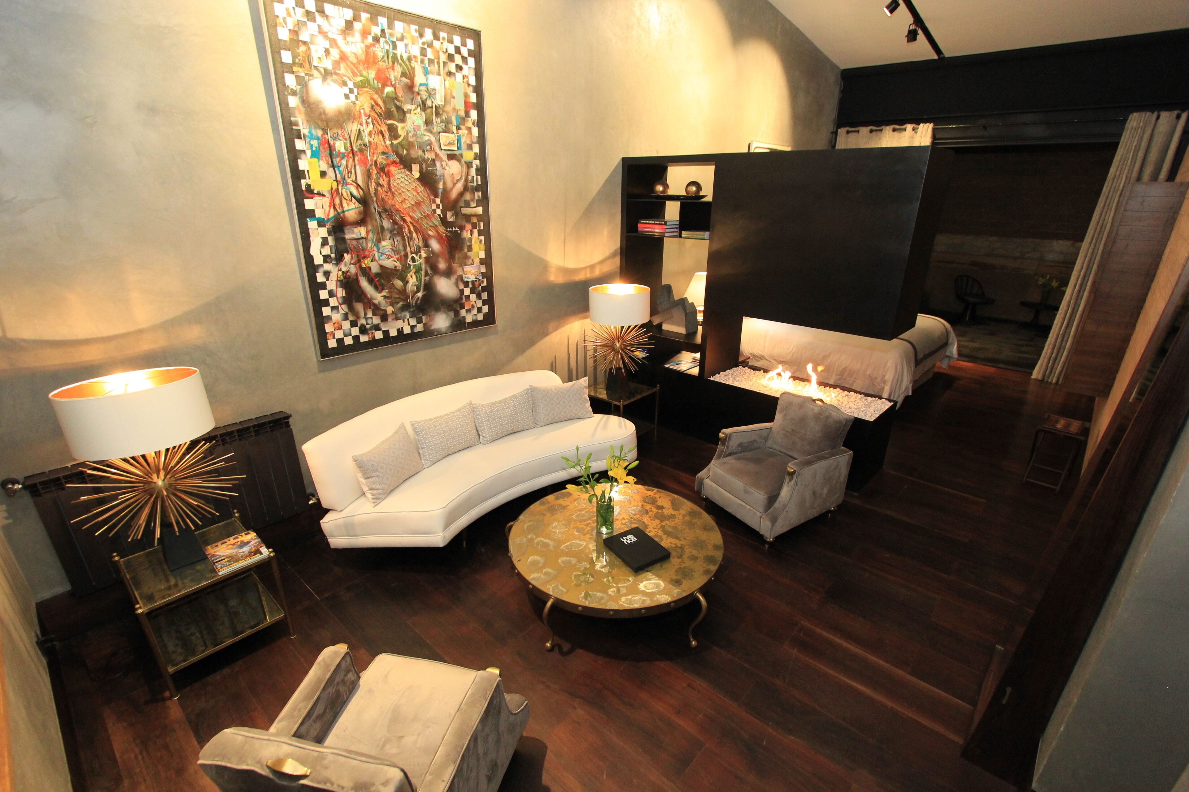 superior room | living area | 43-inch plasma tv with cable channels, fireplace, books