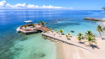 Plage privée, chaises longues, parasols, serviettes de plage