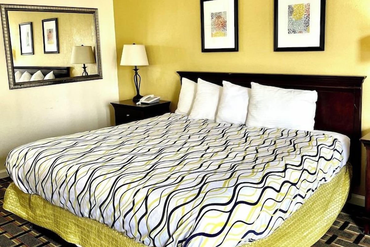 A hotel room with a large bed, a nightstand, a lamp, two framed pictures on the wall, and a ceiling light.