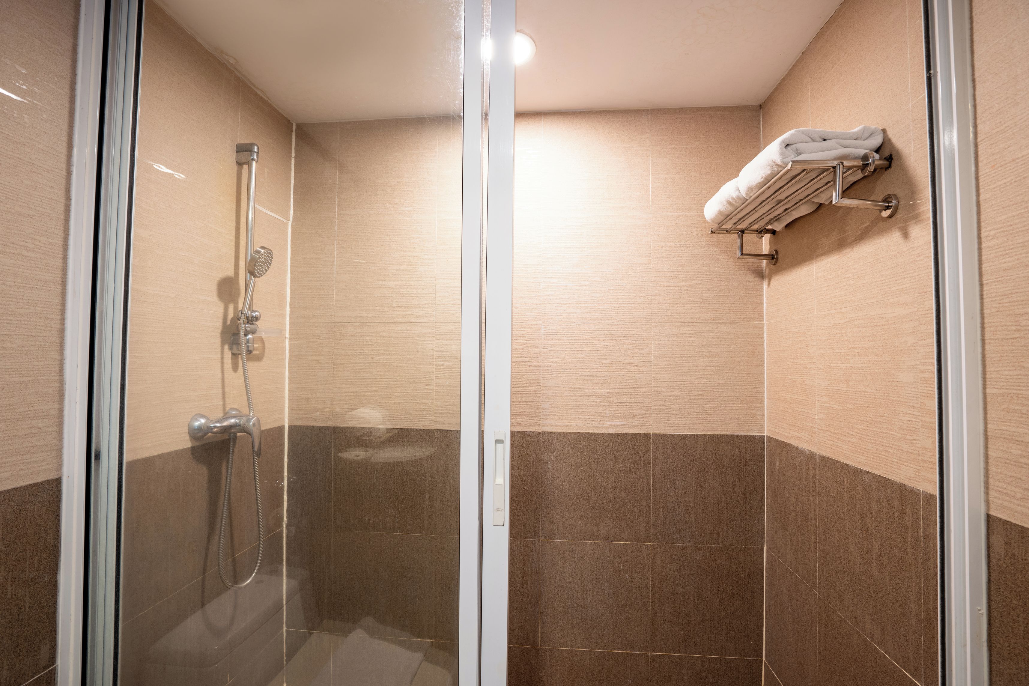 A glass-enclosed shower with a handheld showerhead and a towel rack with folded towels.