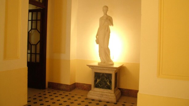 Eine Statue in einer Diele mit einem gemusterten Boden und einer Tür mit Fensterteil.