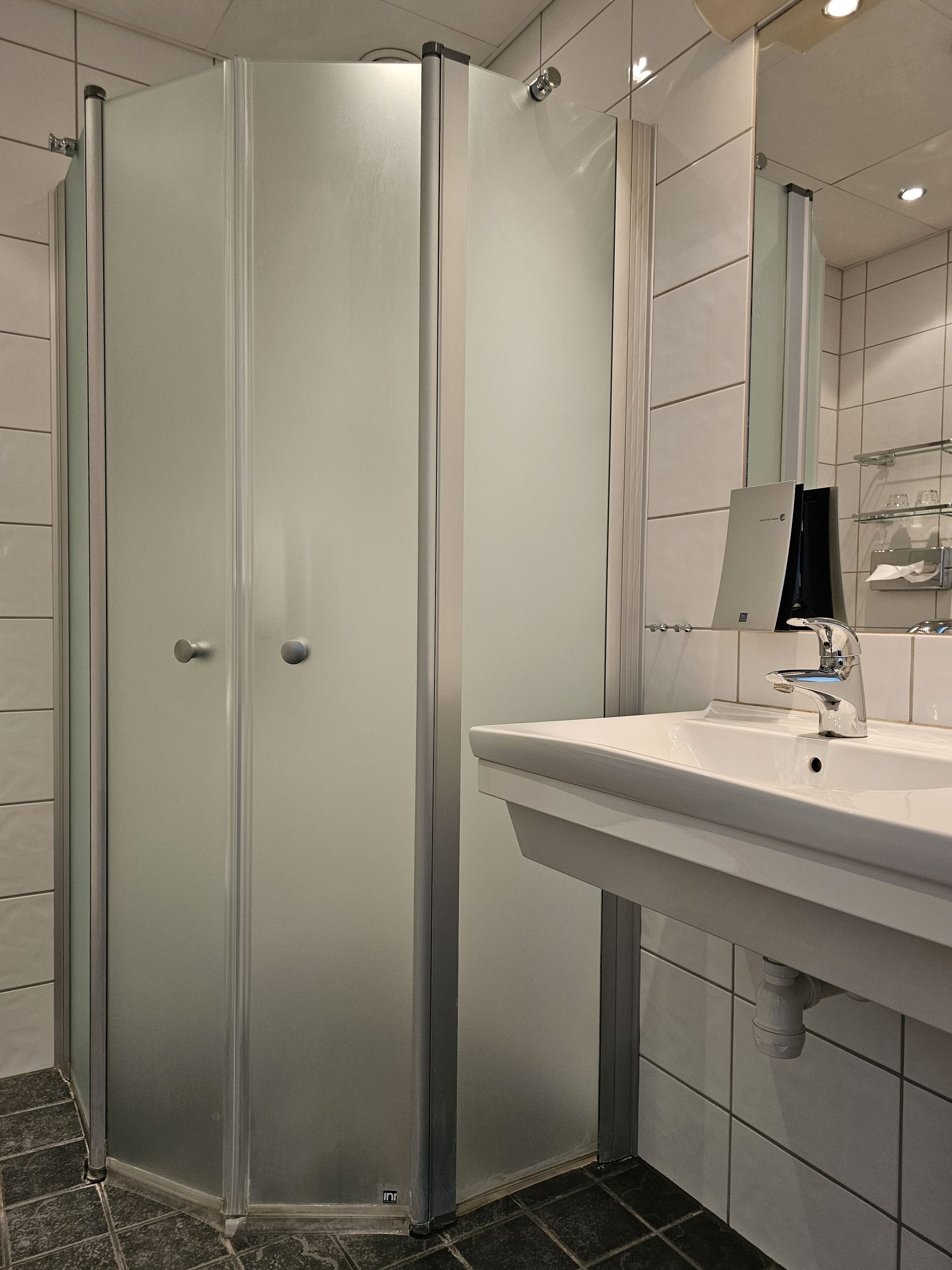 Un baño moderno con ducha envuelta en vidrio, un lavamanos blanco con grifo cromado y un espejo sobre el lavamanos.