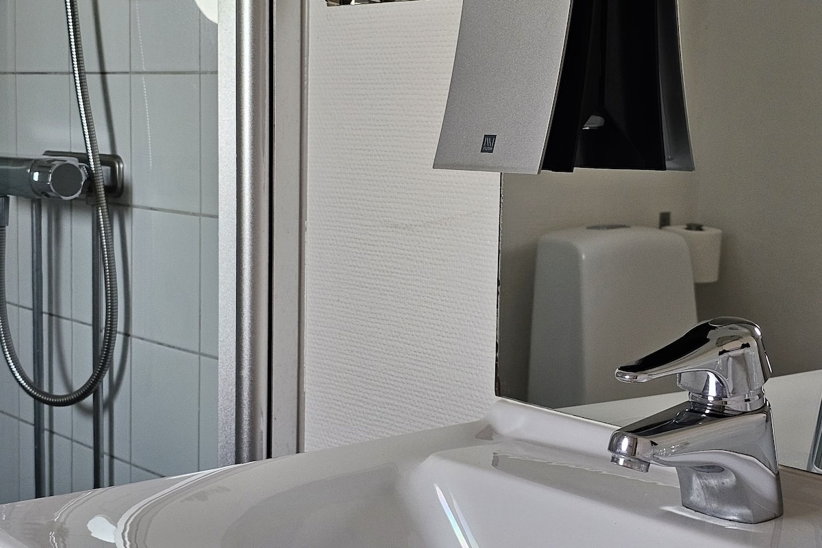 basic double room | bathroom | shower, hair dryer, towels, soap