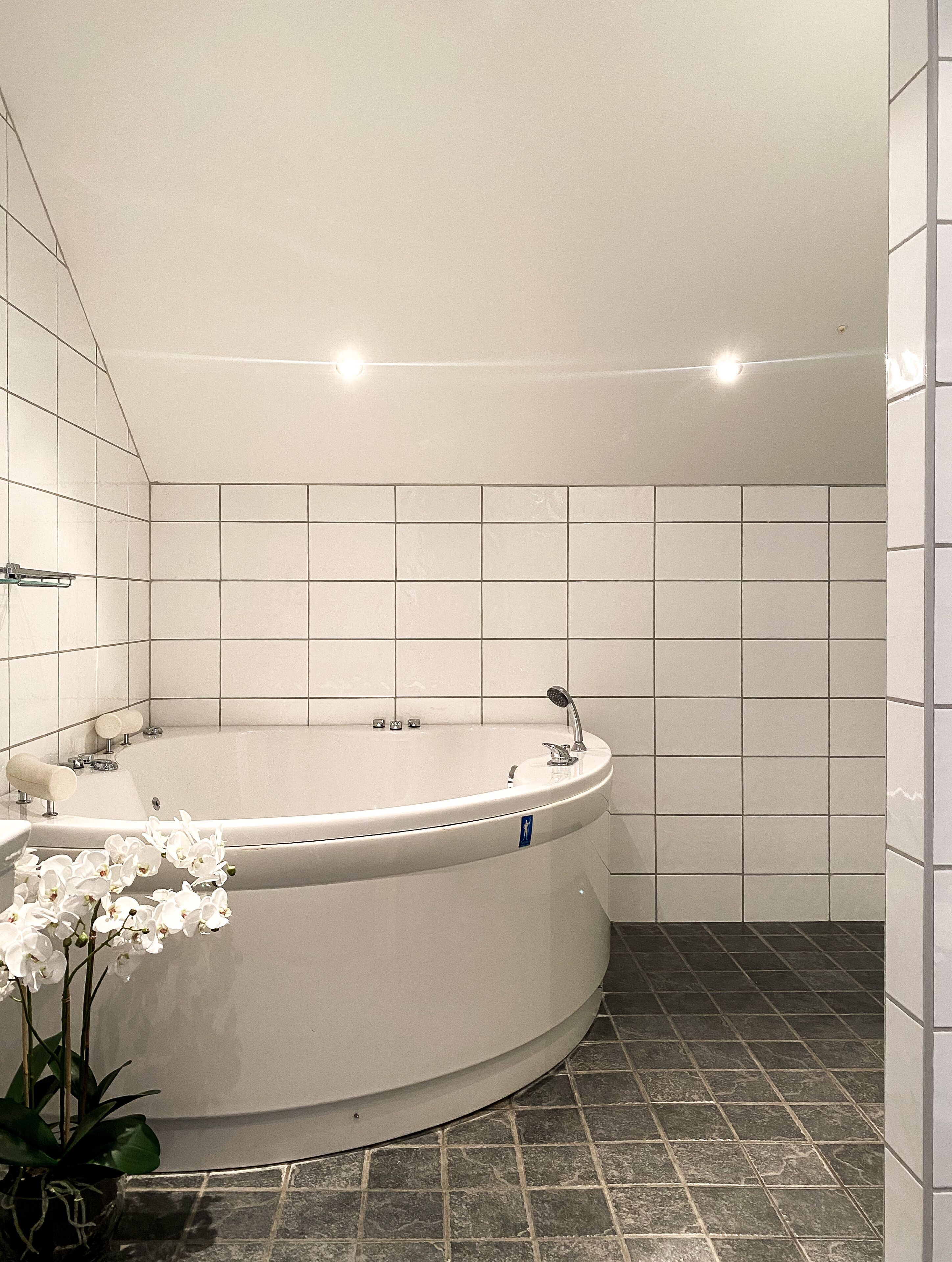 A modern bathroom with a freestanding bathtub, tiled walls, and a potted orchid.