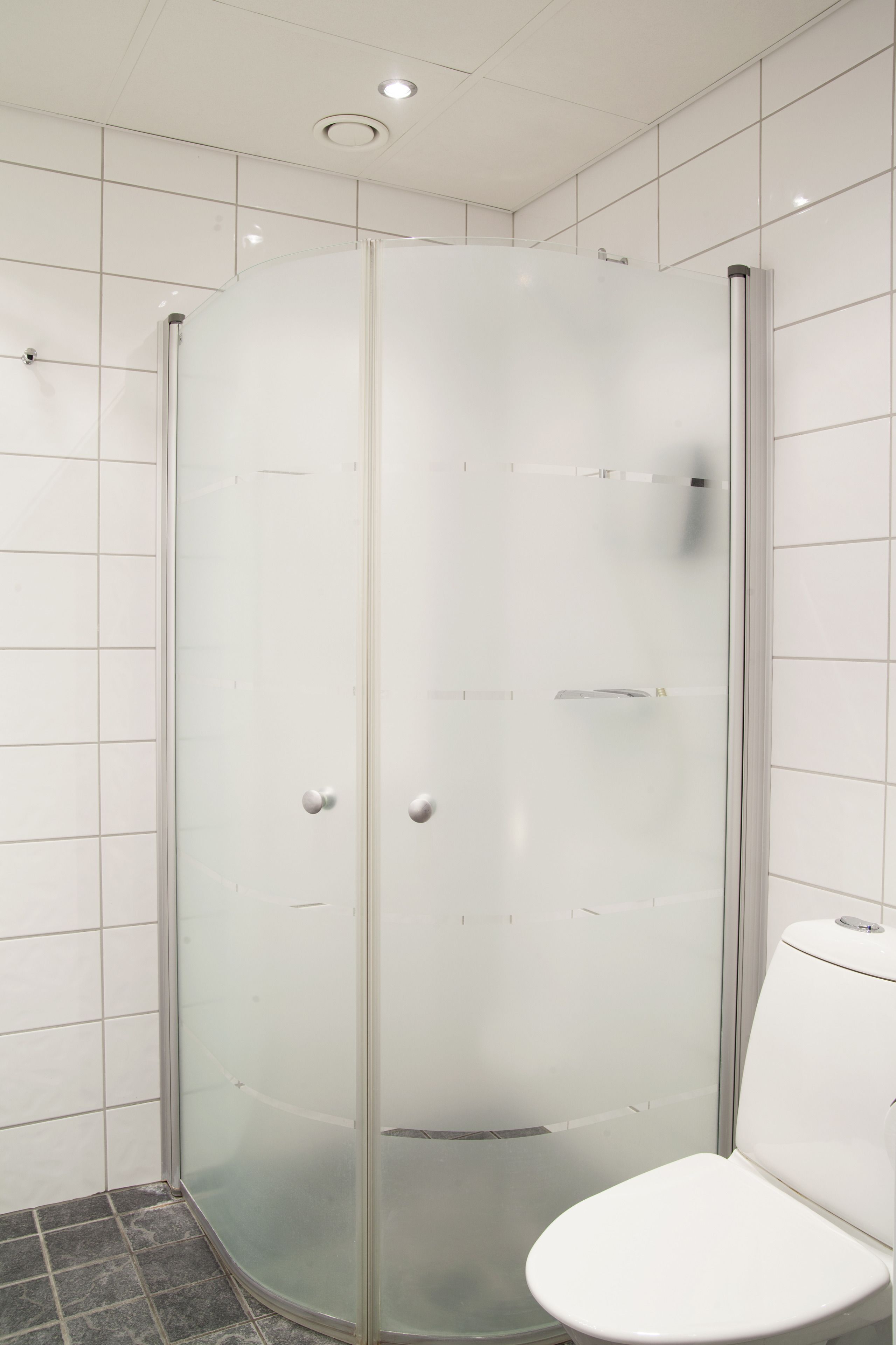 Un baño moderno con ducha de vidrio, inodoro blanco y paredes con azulejos.