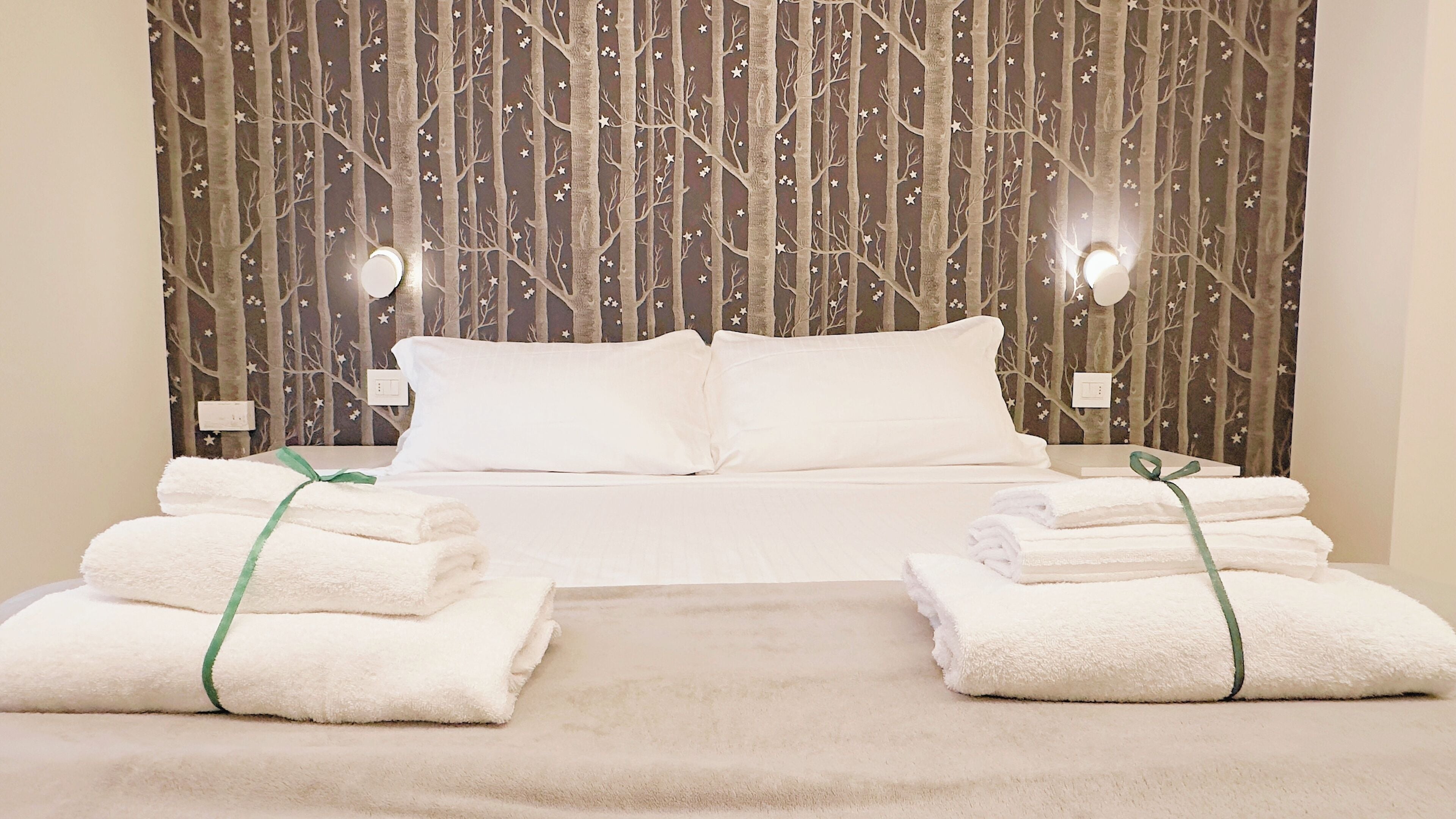 A hotel room with a bed, two pillows, a nightstand with a lamp, and two folded towels on the bed.