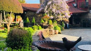 A courtyard with a stone building, a thatched-roof structure, and a variety of potted plants. - Casa Brandariz (Arzua)