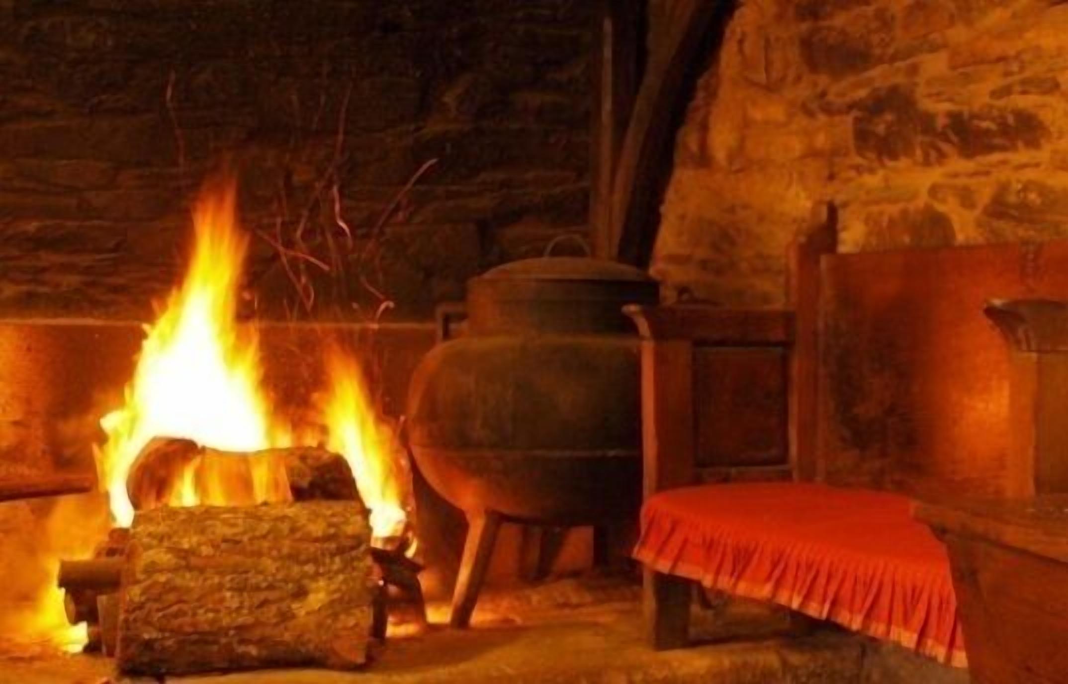 A stone-walled room with a large fire, a wooden bench, and a metal pot.