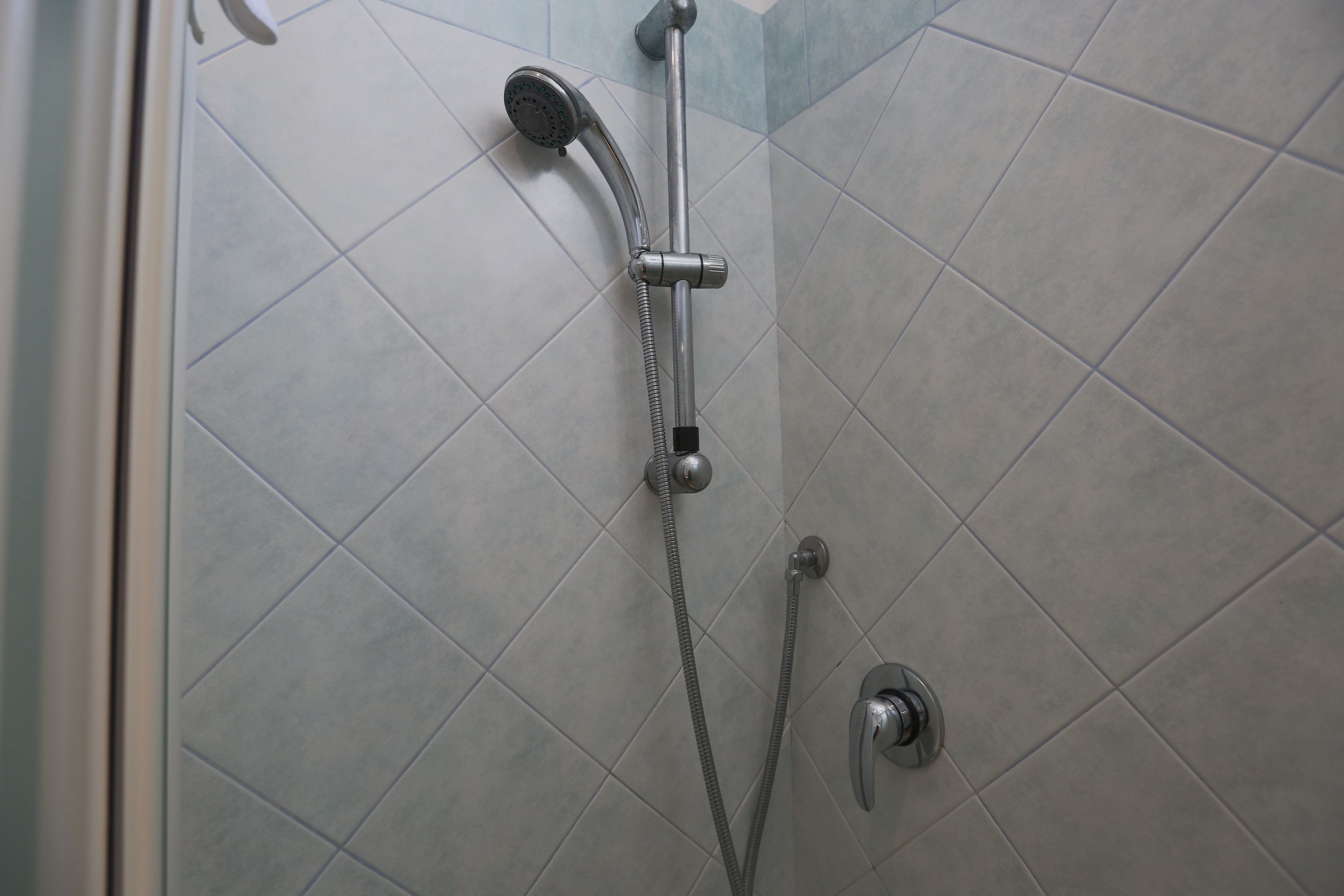 A shower with a handheld showerhead and a fixed wall-mounted showerhead, both with flexible hoses.
