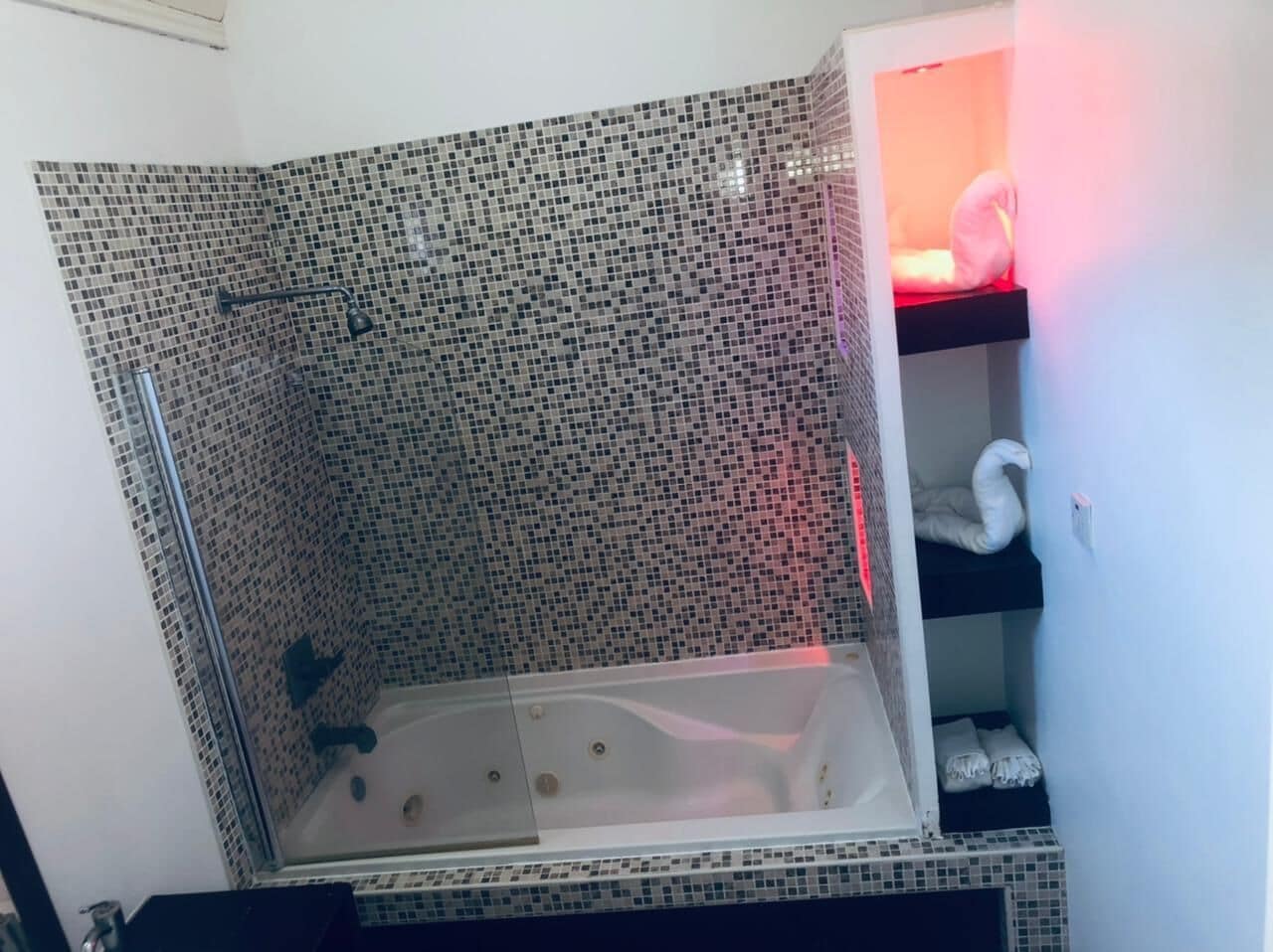 combined shower/bathtub, rainfall showerhead, free toiletries