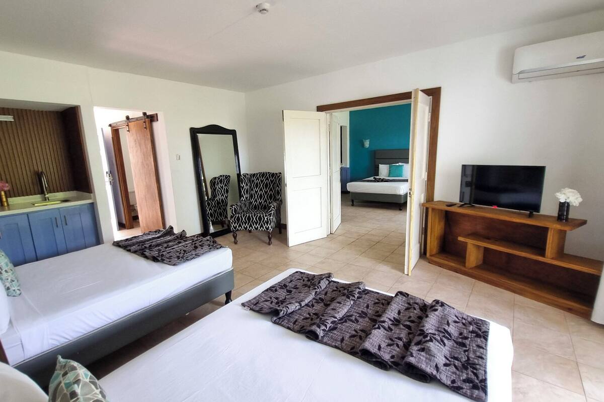 Une chambre d’hôtel avec deux lits, une télévision, un miroir et une salle de bain visible à travers une porte ouverte.