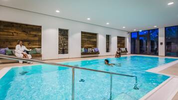 Indoor pool, open 7:00 AM to 9:30 PM, pool loungers