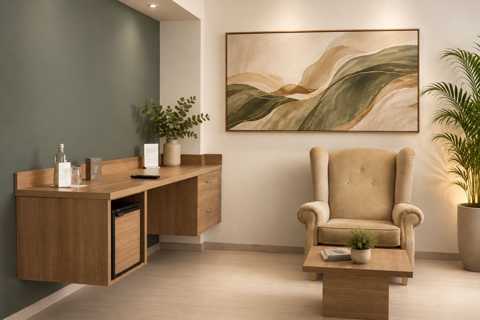 A modern interior with a wooden desk, a cushioned armchair, and a large abstract painting on the wall.