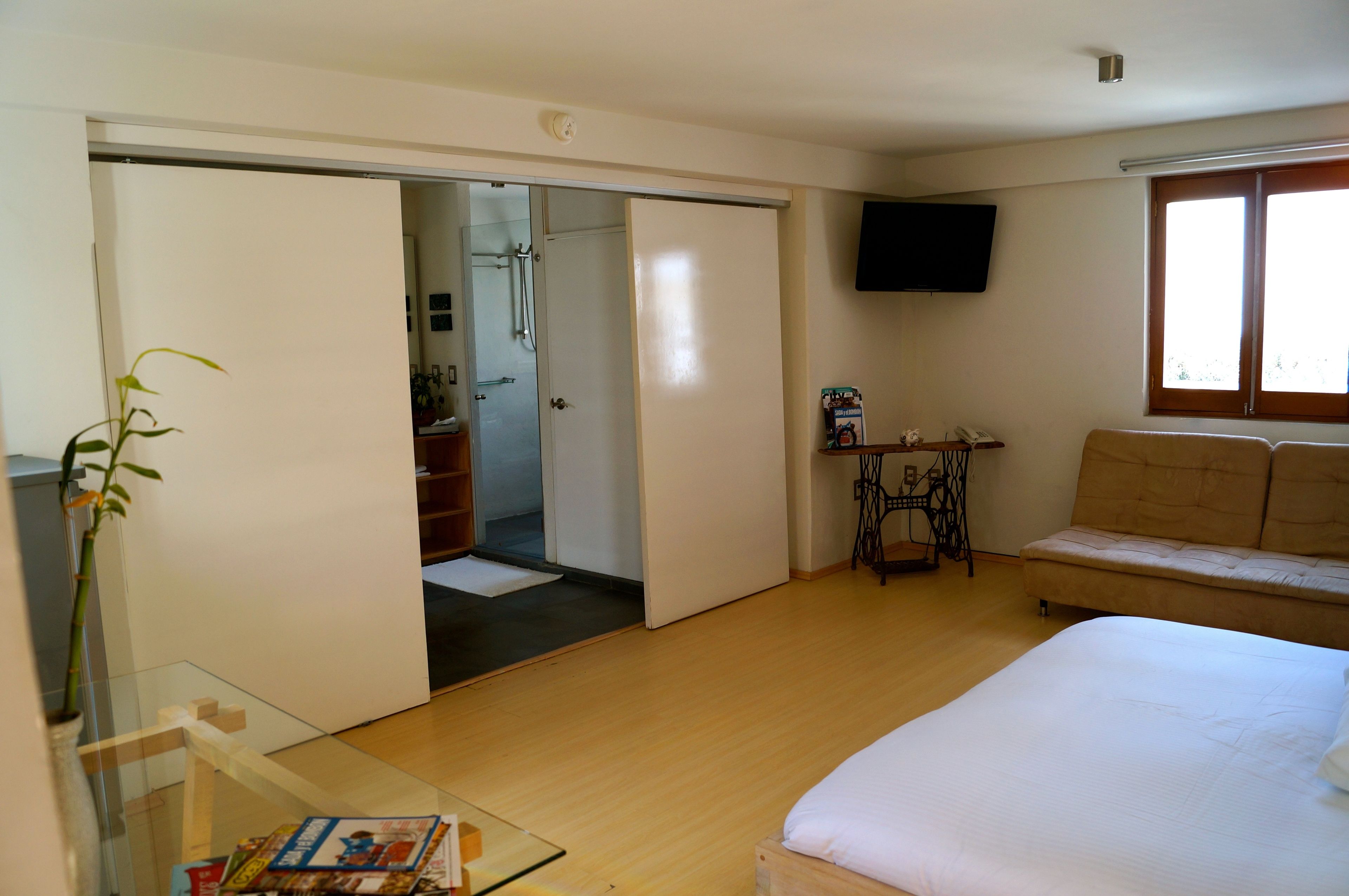 Camera da letto con un letto, televisione, finestra e bagno con doccia, oltre a una macchina da cucire.