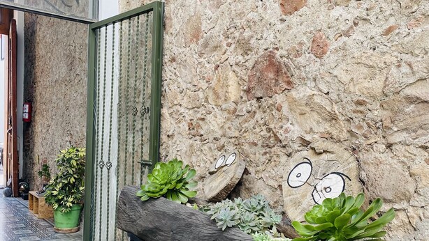 A hallway with a patterned tiled floor, a bench with plants, and a rustic stone wall with a wooden door and a whimsical drawing. - Kuku Rukú Querétaro (Querétaro)